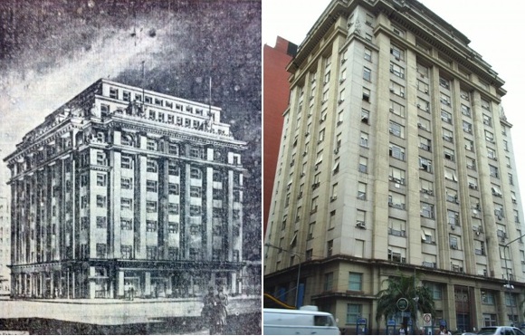 A Esquerda - Projeto de 1944 para a Nova Prefeitura de Porto Alegre; A Direita - Nova Prefeitura de Porto Alegre, Atualmente